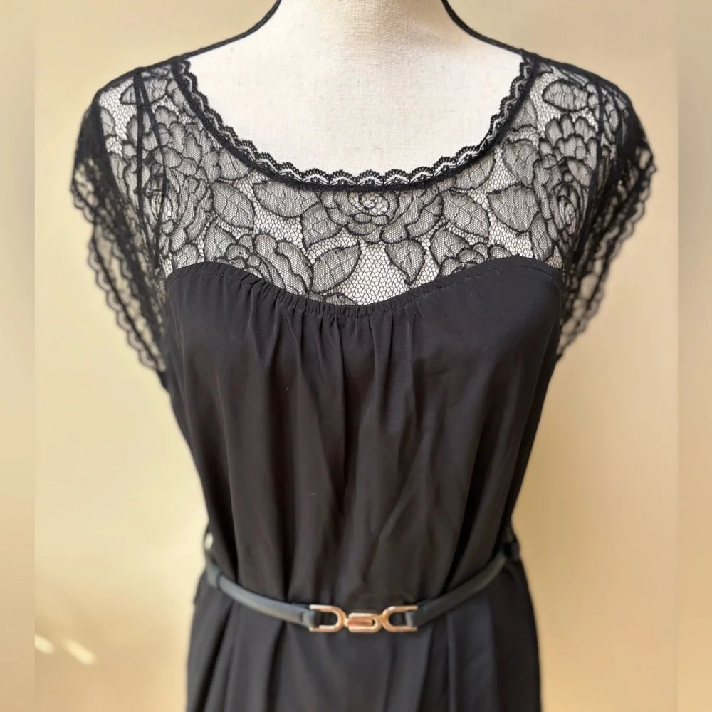 Black Lace Knee-Length Dress by ELLE - Picture 3 of 10